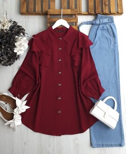 YUNYA FİYONK DÜĞMELİ OMUZ ÖN VE ARKA FIRFIRLI GÖMLEK TUNİK A7-4-5-5577-04-BORDO - 