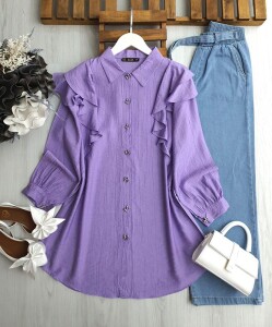 YUNYA FİYONK DÜĞMELİ OMUZ ÖN VE ARKA FIRFIRLI GÖMLEK TUNİK A7-4-5-5577-32-LİLA - 