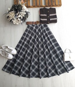 ZALON KALIN EKOSE DESEN KEMERLİ YANDAN FERMUARLI KİLOŞ ETEK 6093-01-SİYAH - 1