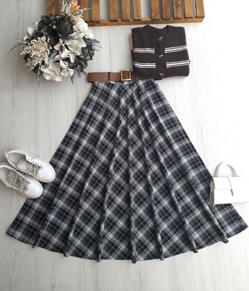 ZALON KALIN EKOSE DESEN KEMERLİ YANDAN FERMUARLI KİLOŞ ETEK 6093-01-SİYAH - 1