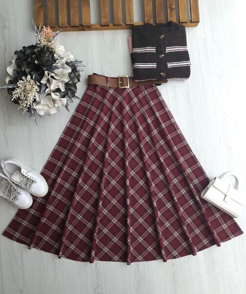 ZALON KALIN EKOSE DESEN KEMERLİ YANDAN FERMUARLI KİLOŞ ETEK 6093-04-BORDO - 1