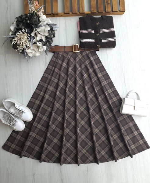 ZALON KALIN EKOSE DESEN KEMERLİ YANDAN FERMUARLI KİLOŞ ETEK 6093-37-KAHVE - 1