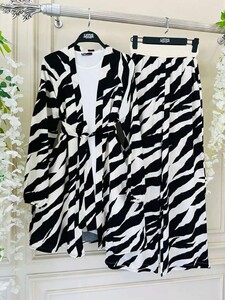 ZERA DESENLİ HASIR BEL PANTOLON KİMONO İKİLİ TAKIM A8-4-1540-01-SİYAH - 