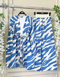 ZERA DESENLİ HASIR BEL PANTOLON KİMONO İKİLİ TAKIM A8-4-1540-10-MAVİ - 