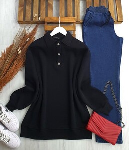 ZEYAS YAKALI ÜÇ İPLİK SWEAT B11-5-5388-01-SİYAH - 