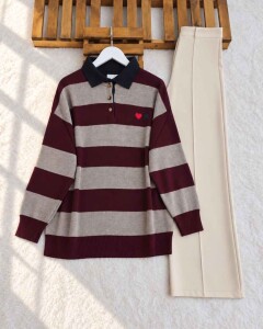 ZOSL KALP NAKIŞLI YAKALI KAZAK 60016-04-BORDO - 