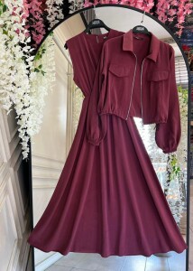 ZUGGE CEP KAPAKLI CUPRA CEKET VE ELBİSE İKİLİ TAKIM B11-3-1609-04-BORDO - 1