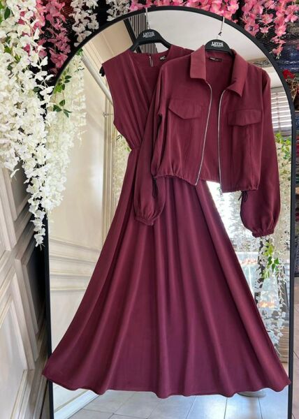 ZUGGE CEP KAPAKLI CUPRA CEKET VE ELBİSE İKİLİ TAKIM B11-3-1609-04-BORDO - 1