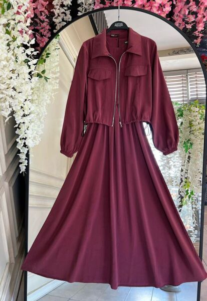 ZUGGE CEP KAPAKLI CUPRA CEKET VE ELBİSE İKİLİ TAKIM B11-3-1609-04-BORDO - 2