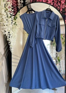 ZUGGE CEP KAPAKLI CUPRA CEKET VE ELBİSE İKİLİ TAKIM B11-3-1609-11-İNDİGO - 1