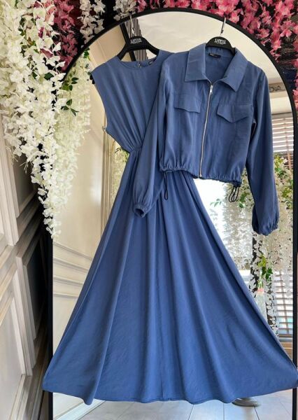 ZUGGE CEP KAPAKLI CUPRA CEKET VE ELBİSE İKİLİ TAKIM B11-3-1609-11-İNDİGO - 1