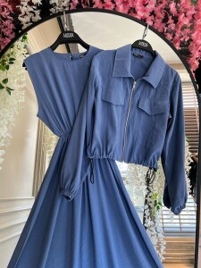 ZUGGE CEP KAPAKLI CUPRA CEKET VE ELBİSE İKİLİ TAKIM B11-3-1609-11-İNDİGO - 2