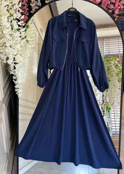 ZUGGE CEP KAPAKLI CUPRA CEKET VE ELBİSE İKİLİ TAKIM B11-3-1609-12-LACİVERT - 1