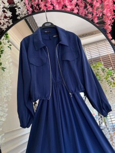 ZUGGE CEP KAPAKLI CUPRA CEKET VE ELBİSE İKİLİ TAKIM B11-3-1609-12-LACİVERT - 2