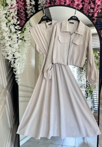 ZUGGE CEP KAPAKLI CUPRA CEKET VE ELBİSE İKİLİ TAKIM B11-3-1609-34-BEJ - 1