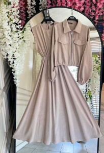 ZUGGE CEP KAPAKLI CUPRA CEKET VE ELBİSE İKİLİ TAKIM B11-3-1609-48-BİSKÜVİ - 1